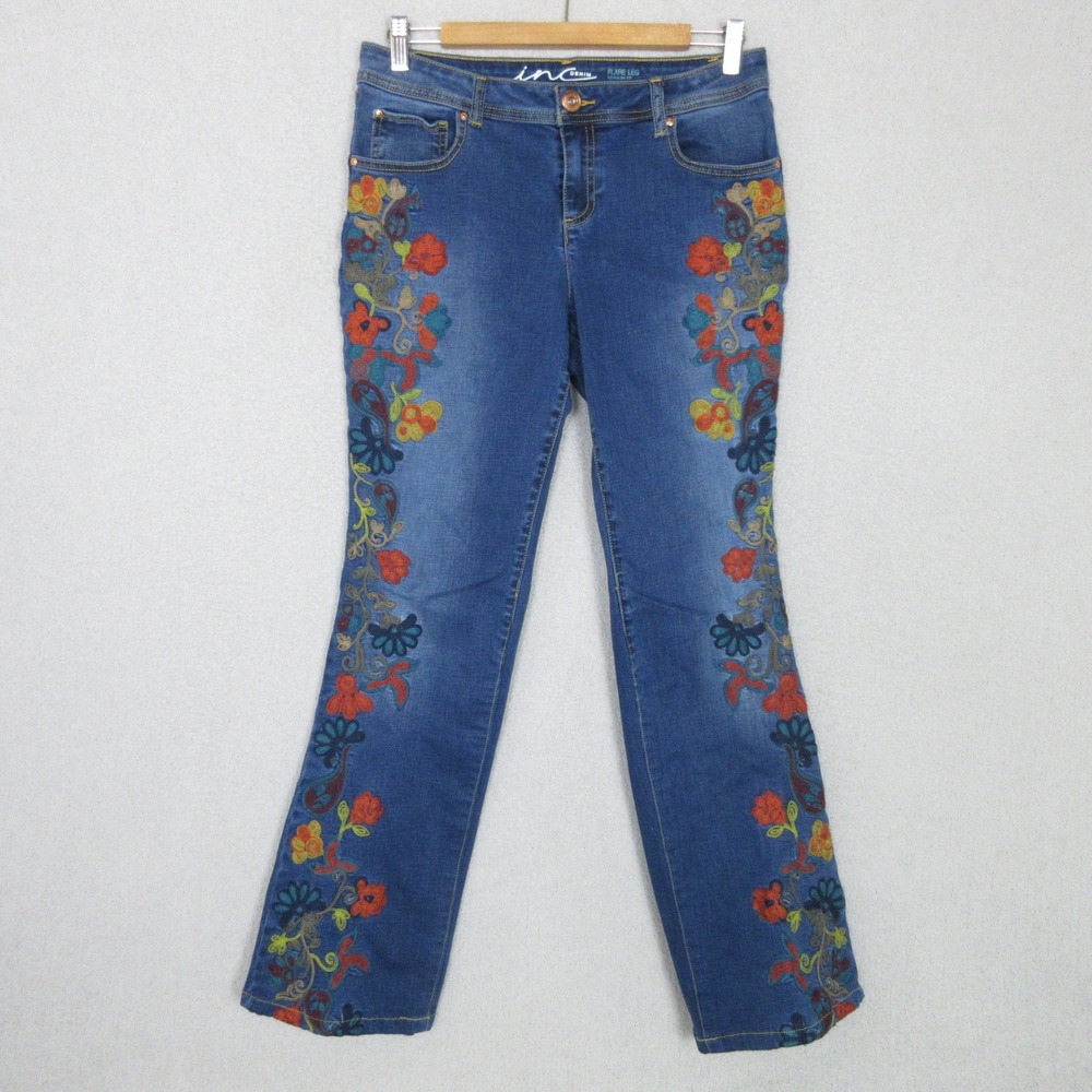 INC Flare Leg Jeans Womens 10 Blue Excellent Floral Embroidered Boho Denim